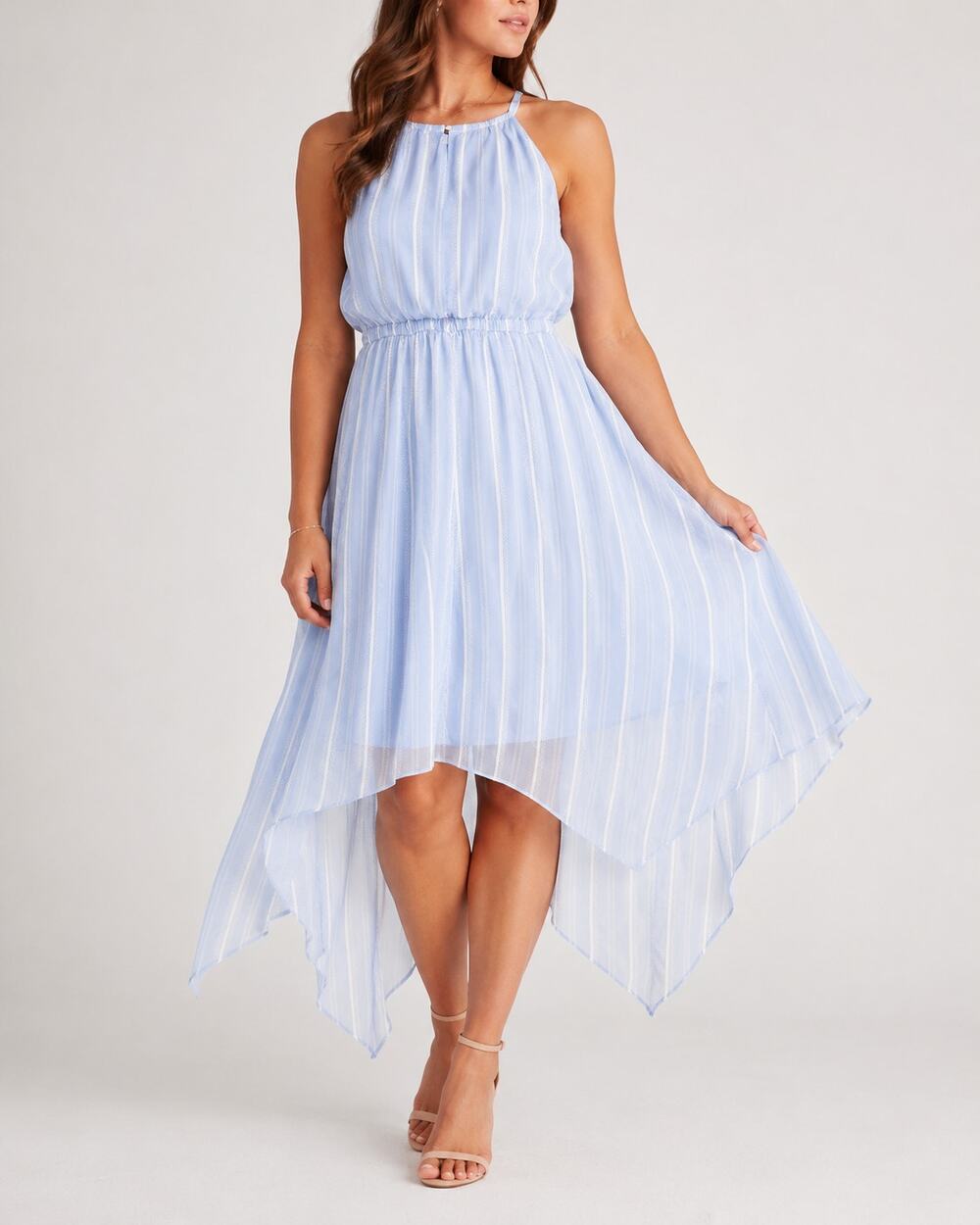 BCBG Paris Blue White Striped Chiffon Halter High Low Dress Size L